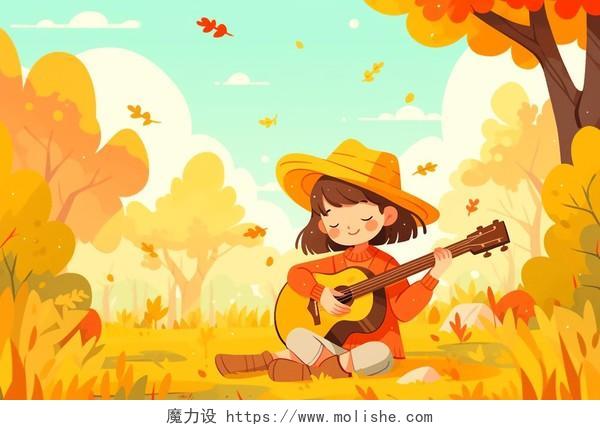 一个戴着帽子的女孩坐在草地上弹吉他卡通AI插画秋天立秋自然风景